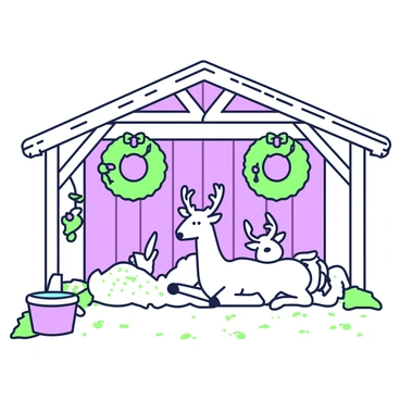 Santa's reindeer resting in a cozy stable adorned with festive wreaths
