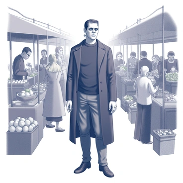 A man resembling Victor Frankenstein is standing in the midst of a bustling market. He is dressed in period clothing, with a dark coat and an expression of deep contemplation on his face. Surrounding him are various stalls displaying fruits, vegetables, and handmade goods. The townsfolk are engaged in lively conversations and transactions, completely unaware of his presence. Some individuals are holding baskets filled with produce, while vendors are calling out to attract customers. The scene conveys a sense of everyday life, with the background filled with people moving about, creating a dynamic atmosphere.