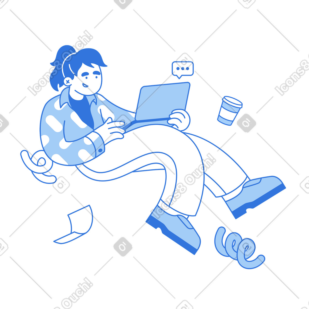 Büroangestellter mit coffee to go schreibt sms vom laptop-Illustration im Sky-Stil als Download in PNG, SVG