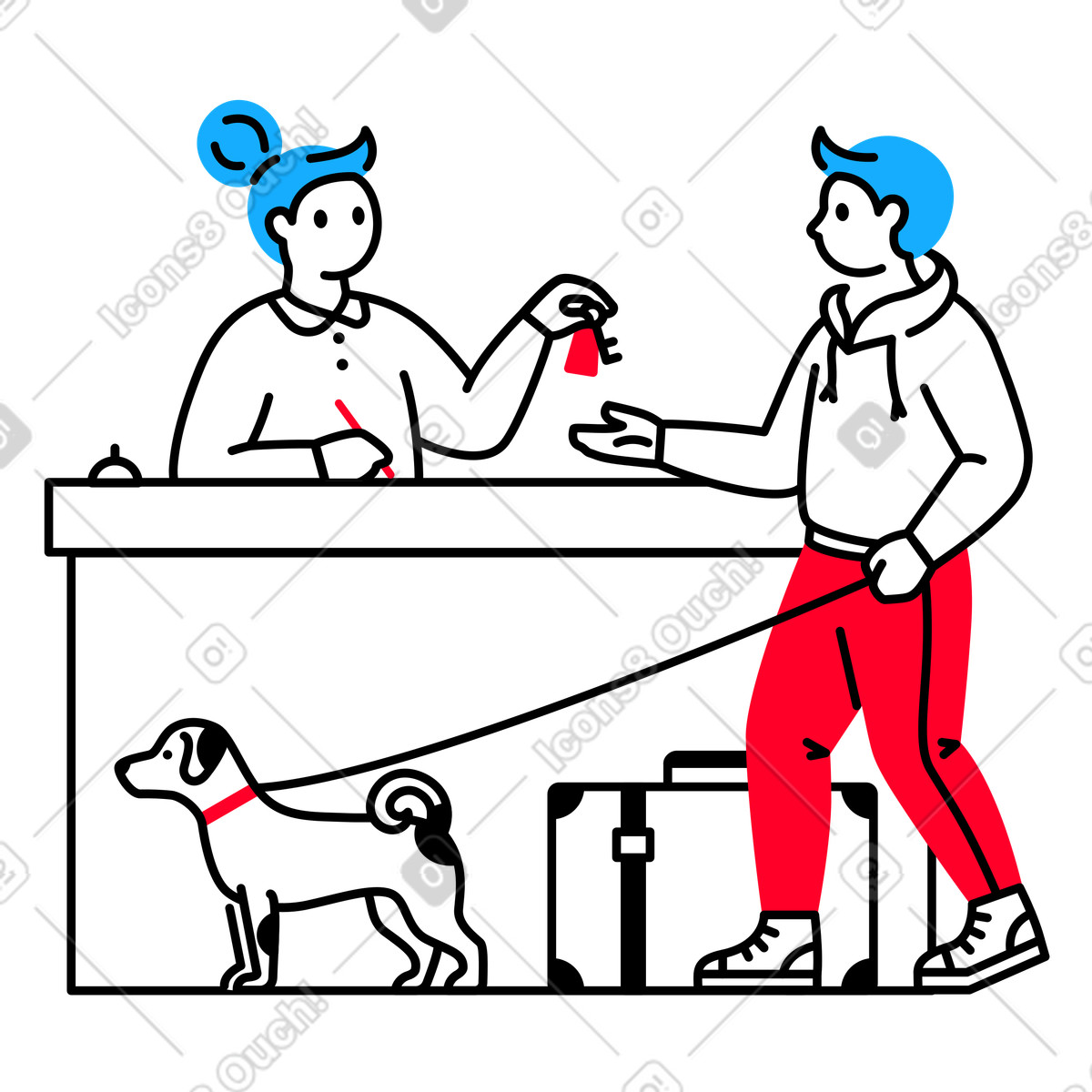 Receptionist at the hotel gives keys to a guest with suitcase and dog illustration in Transistor style download in PNG, SVG