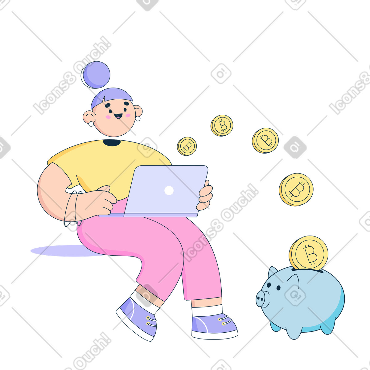 La donna seduta sta estraendo bitcoin con il suo computer illustrazione in stile Bubble gum scarica in PNG, SVG