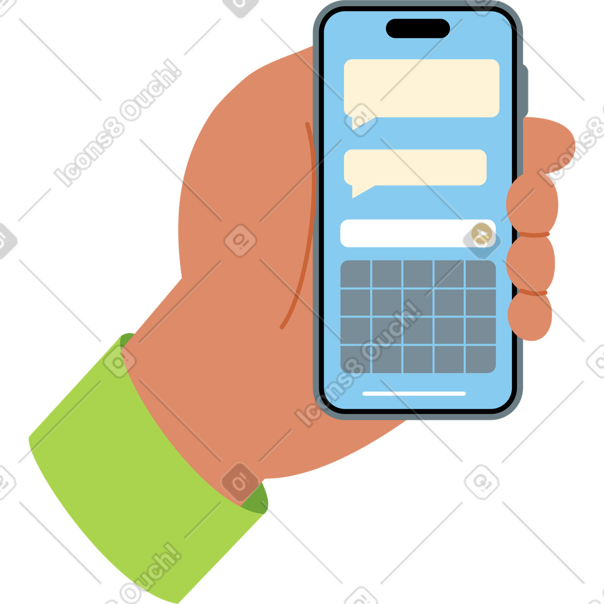 Illustration Main tenant un smartphone avec des messages texte dans le style Catchy à télécharger aux formats PNG, SVG