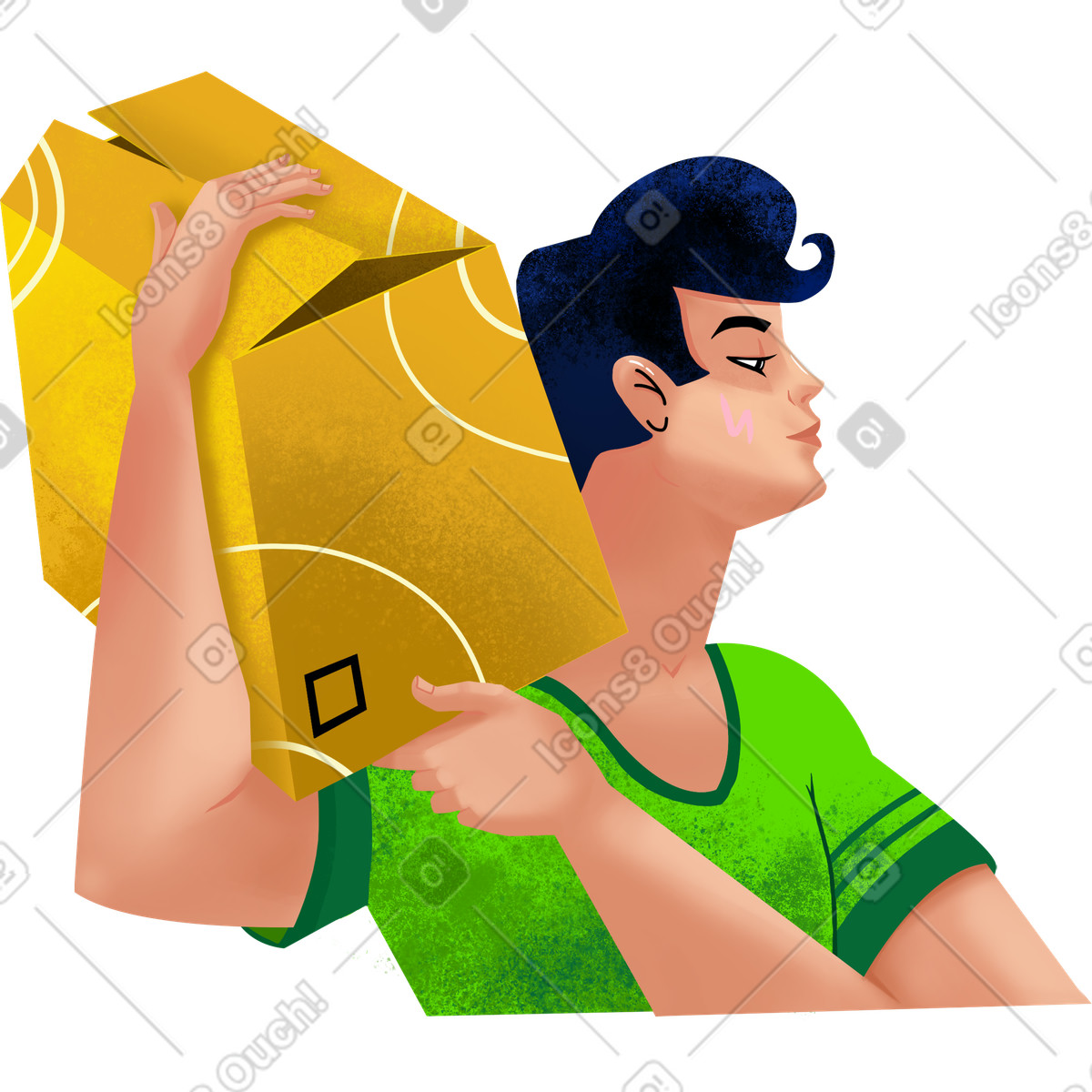 Man carries a cardboard box on his shoulder illustration in Flare style download in PNG, SVG