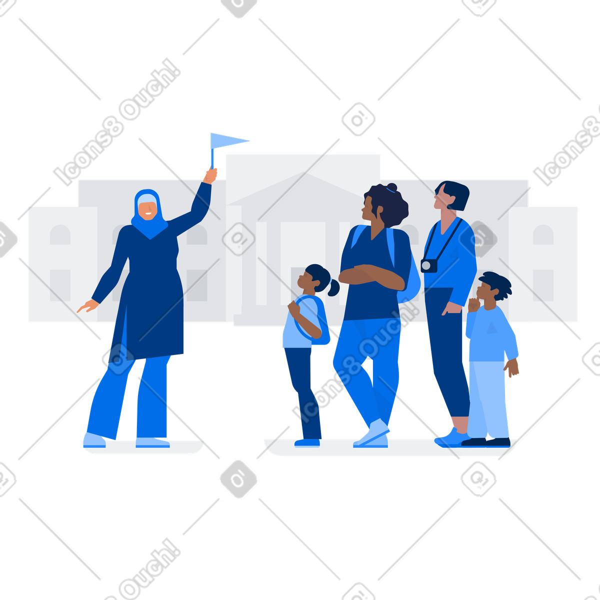 Guide leading tourists in front of museum, Historical sightseeing tour illustration Urban style download PNG, SVG