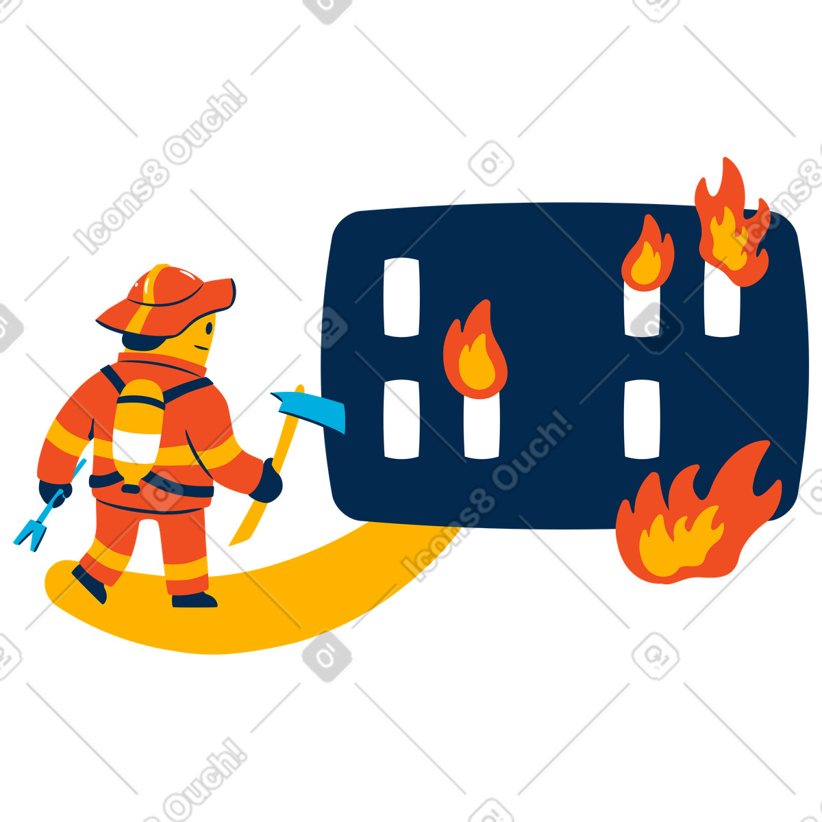 Feuerwehrmann geht in ein brennendes gebäude-Illustration im Flame-Stil als Download PNG, SVG