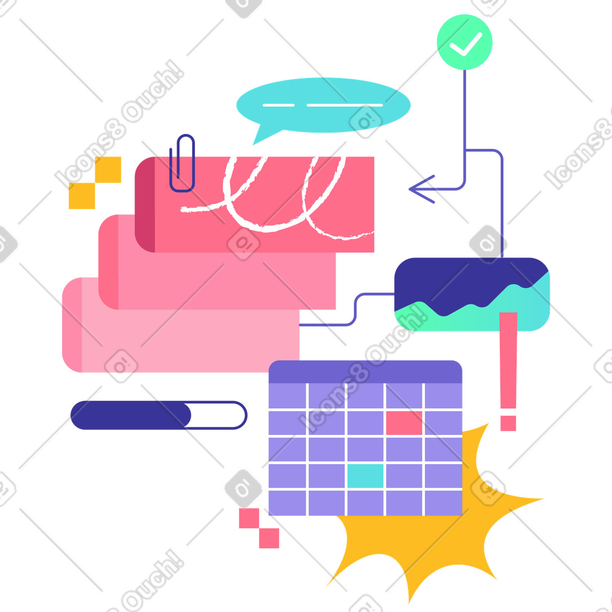 Calendar and flowchart elements with tasks, project management planning, workflow optimization scheduling illustration in Bright style download in PNG, SVG