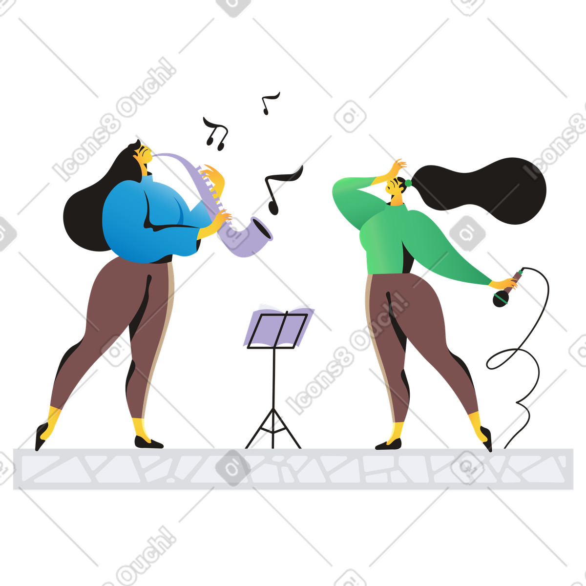 Saxophonist and a singer playing live music illustration in Jaconda style download in PNG, SVG