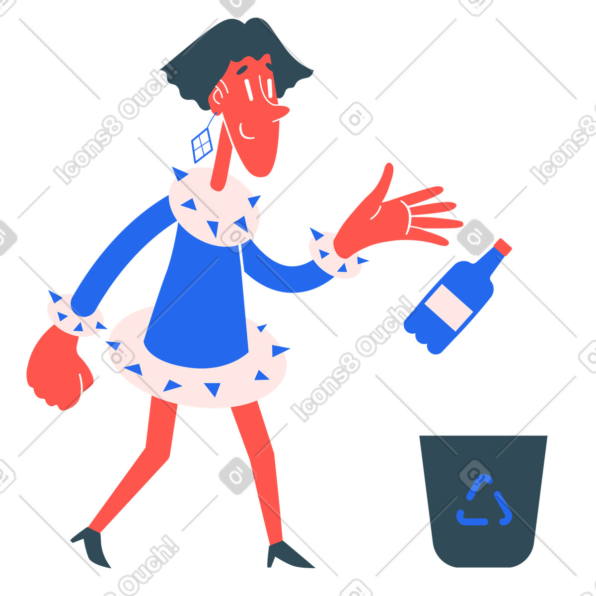 Ilustração de Mulher jogando garrafa plástico em lixeira reciclagem no estilo Kingdom para baixar PNG, SVG
