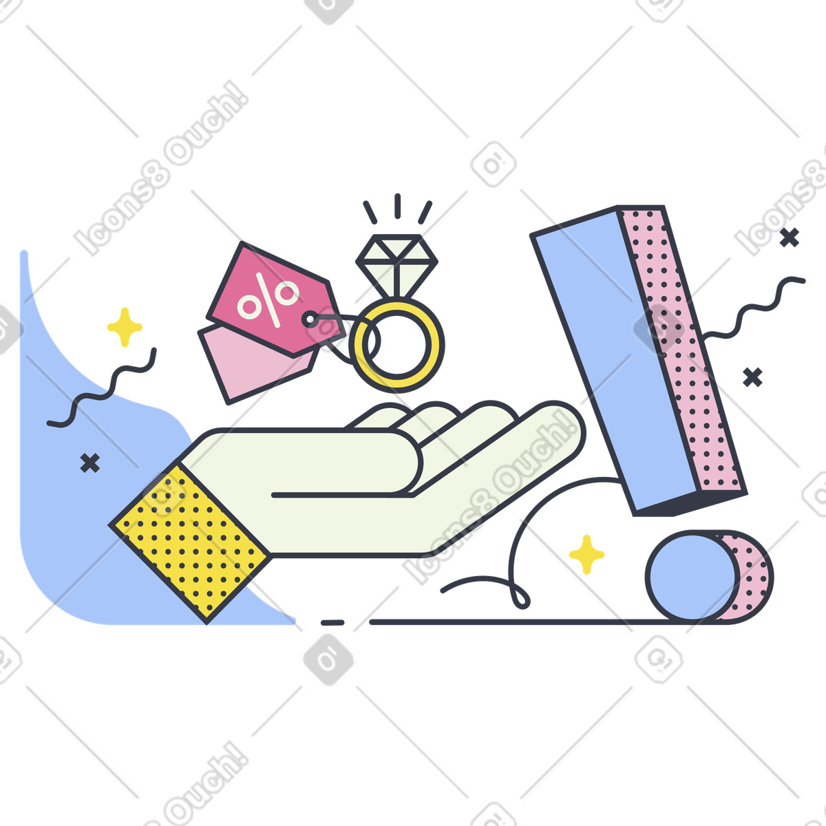 Hand holding ring with discount tag, Jewelry sale and special offer illustration in Abstract style download in PNG, SVG