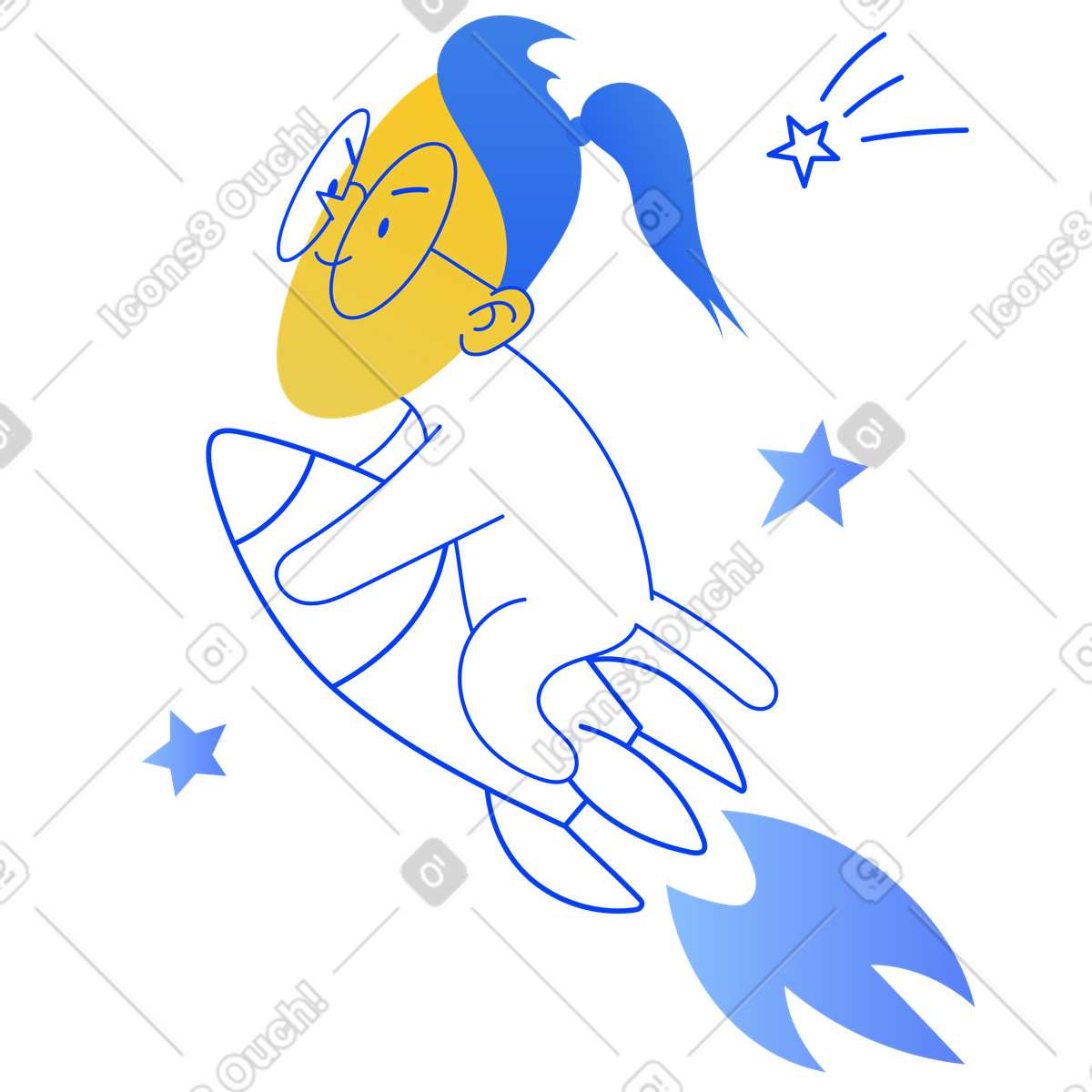 Ilustração animada de Personagem voando em foguete para as estrelas no estilo Buddy baixar GIF, Lottie (JSON), AE