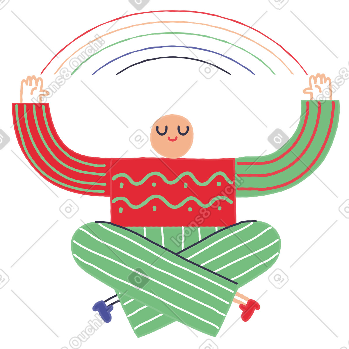Ilustración Hombre sentado y soñando en pose de loto con arco iris arriba estilo Stripy a descargar PNG SVG