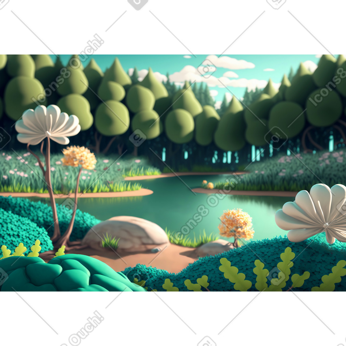 Ilustración Fondo de lago fantasía 3d en estilo Experimental a descargar en PNG y SVG