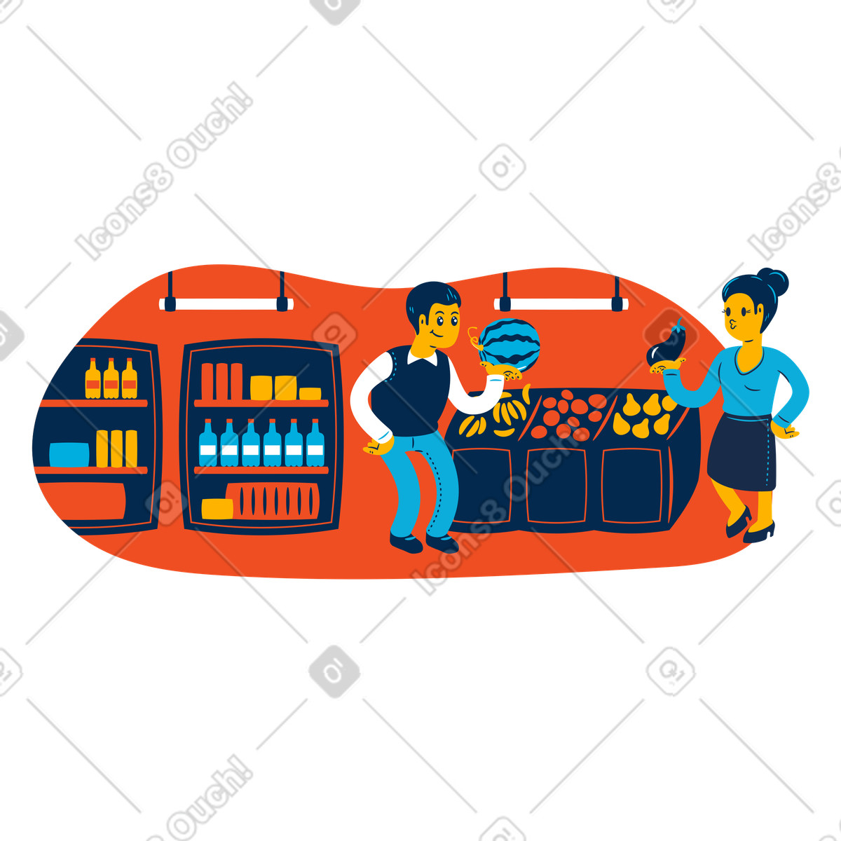 Man and woman choosing food in grocery store illustration Flame style download PNG, SVG