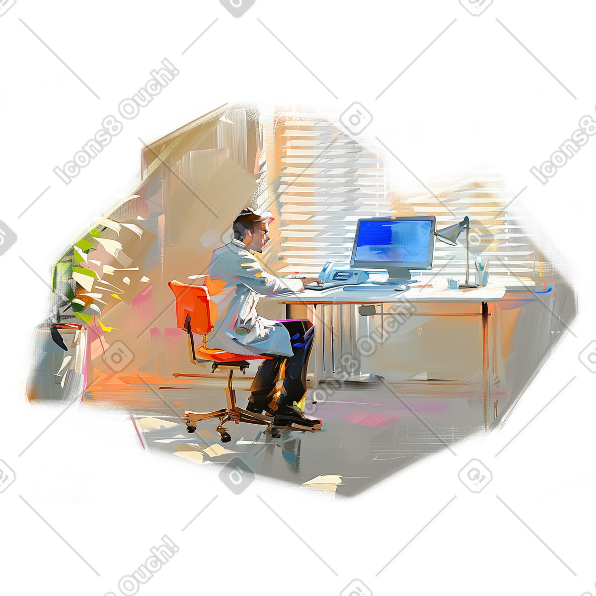 Oil painting of a doctor working on computer illustration in Pictorial style download in PNG, SVG
