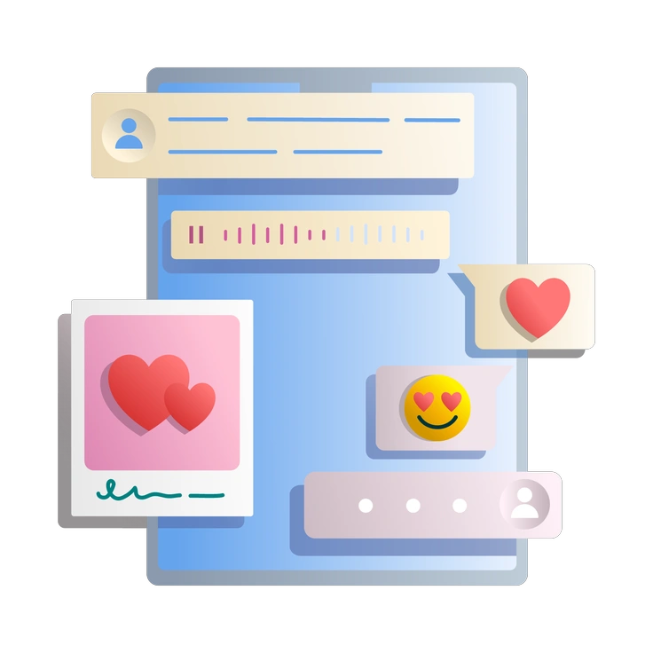 Chat interface with hearts and emojis - Silky style illustration
