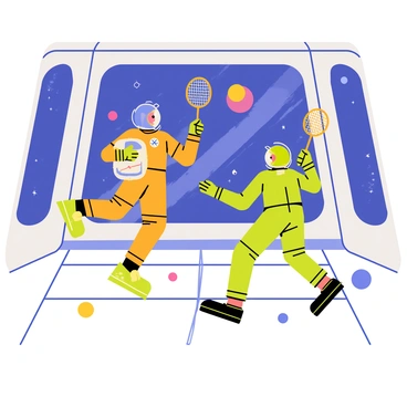 Two astronauts in colorful space suits are playing badminton inside a space station. One astronaut, with a blue helmet, is poised to hit a glowing birdie that emits a soft light, while the other astronaut, wearing a green helmet, is ready to receive the serve. The interior of the space station features a large window showing stars and planets in the background. Various equipment and floating tools are scattered around, enhancing the zero-gravity environment. The badminton rackets are designed with bright colors, complementing the lively atmosphere of the game.