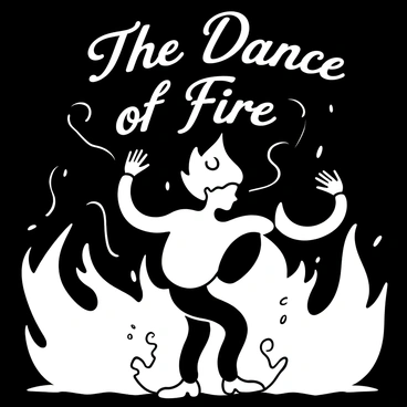 A fire spirit with flowing, intricate patterns representing flames is depicted dancing amidst large, flickering flames. The spirit's form is dynamic, with wisps and trails of smoke weaving around it, creating a sense of movement. The darkened room is filled with shadows cast by the flames, enhancing the contrast between the bright light of the fire and the surrounding darkness. "The Dance of Fire" is written in elegant script, floating above the scene.