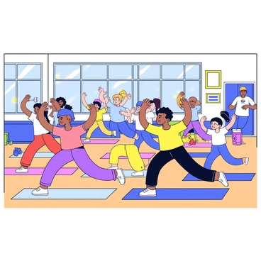 A diverse class of students is positioned in a gymnasium, engaging in dynamic warm-up exercises. The students come from various backgrounds, representing different ethnicities and genders. Some students are stretching their arms overhead while others are performing lunges or high knees. The gymnasium features large windows allowing natural light to fill the space. Colorful exercise mats are placed on the wooden floor, and motivational posters hang on the walls. In the background, a few gym equipment items, such as dumbbells and jump ropes, are visible.