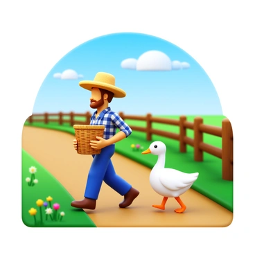 A farmer wearing a straw hat and a plaid shirt is walking alongside a white goose. The farmer holds a woven straw basket in one hand. The country lane is lined with lush green grass and wildflowers, with a wooden fence visible in the background. The skies are clear with a few fluffy clouds scattered above. The farmer and the goose walk peacefully together, creating a sense of harmony in the rural setting.