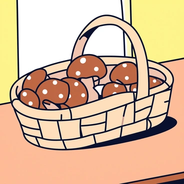 A woven basket made from light brown material, with a handle on top. Inside the basket are several freshly picked shiitake mushrooms, characterized by their brown caps with white flecks. The basket is placed on a wooden table, showcasing the rich texture of the wood. Sunlight casts soft shadows of the mushrooms and basket onto the table surface.