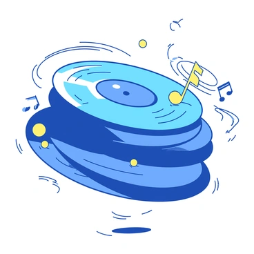 A blue stack of vinyl records is spinning in the air, creating a dynamic sense of movement. The records are layered, showcasing their vibrant colors. Surrounding the records, there are yellow music notes swirling around, adding a sense of rhythm and melody to the scene. The background is simple to emphasize the records and the music notes as they dance through the air.