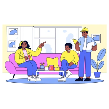 A contractor is standing with a clipboard, discussing renovation plans with two homeowners in a lively living room. The room has light-colored walls and a large window letting in natural light. There is a comfortable sofa with colorful cushions and a coffee table in the center. The homeowners are engaged, one pointing at the clipboard while the other is sitting on the sofa, listening intently. Various home improvement materials like paint swatches and flooring samples are spread out on the coffee table. A houseplant sits in the corner of the room, adding a touch of green to the space.