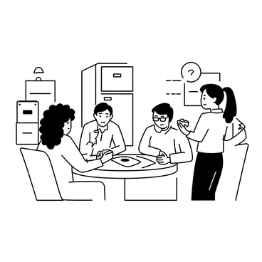 An office break room with a round table at the center. Four employees are seated around the table, engaged in a board game. A man with short hair is leaning forward, concentrating on the game pieces. A woman with curly hair is smiling as she holds a handful of snacks. Another man with glasses is looking at the game board, while a woman with a ponytail is reaching for a bowl of chips placed on the table. There are various game boxes and a beverage cooler in the background.