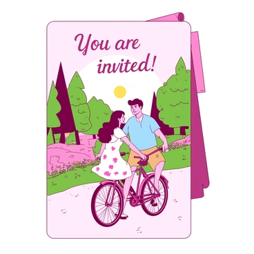 A pink invitation card features a couple riding bicycles through a vibrant green park. The woman is wearing a white dress with a floral pattern, while the man is dressed in a light blue shirt and tan shorts. In the background, there are tall trees with lush green leaves and colorful flowers lining the path. The sun is shining brightly, casting soft shadows on the ground. Above the couple, the words "You are invited!" are elegantly written in a playful font.