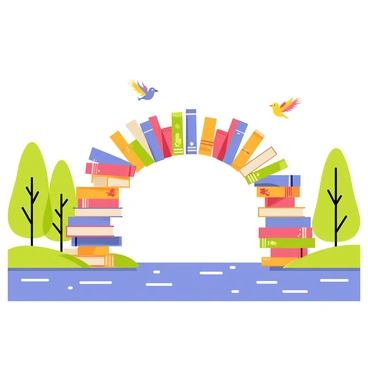 A bridge made entirely of stacked and interconnected books, creating a winding path over a river. The river below has clear blue water, with gently flowing ripples. Lush green trees line the riverbanks, adding vibrant colors to the scene. A few colorful birds can be seen flying above the bridge, enhancing the lively atmosphere. The books vary in size and color, some with illustrated covers and others with ornate spines, showcasing different titles.