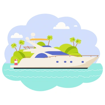 A motor yacht with a sleek white hull is anchored in clear turquoise Caribbean waters. The yacht has a spacious deck with sun loungers and a large canopy for shade. In the background, there are several lush green islands with palm trees swaying gently in the breeze. The sky is bright blue with a few fluffy white clouds scattered throughout. Small waves ripple across the water, adding dynamic movement to the scene.