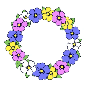 A delicate flower crown made entirely out of vibrant pansies in various colors including purple, yellow, and white. The pansies are intricately arranged, with overlapping petals forming a circular shape. Each flower has a distinct pattern and vivid color that contrasts beautifully with the green leaves that surround them. The crown is set against a simple, unobtrusive background.