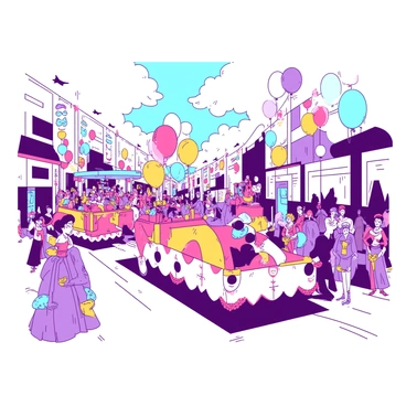 A vibrant parade scene filled with various colorful floats moving down a wide street. Each float is decorated with bright patterns and designs, showcasing themes of celebration and joy. Numerous balloons float overhead, in different shapes and colors, adding a festive atmosphere to the event. People in elaborate costumes line the street, wearing outfits adorned with sequins and feathers, showcasing a variety of characters and themes. The crowd is lively, with smiles and laughter visible on faces, as they enjoy the parade festivities.