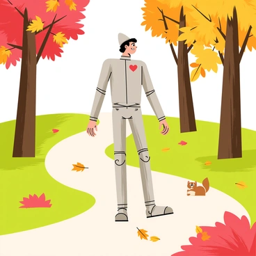The Tin Man is strolling down a winding pathway in a park. He is made of shiny silver metal, with a heart-shaped emblem on his chest. The park is filled with colorful autumn leaves in shades of red, orange, and yellow, which are scattered across the ground and fluttering in the gentle breeze. Tall trees with thick trunks stand on either side of the path, their branches heavy with vibrant foliage. The Tin Man looks cheerful as he walks, his metal joints gleaming in the sunlight. A few squirrels can be seen darting around, adding to the lively scene in the park.