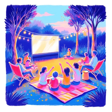 A group of families is gathered on a grassy area in a park, enjoying a classic movie being projected on a large screen. Several children are sitting on colorful picnic blankets, excitedly pointing at the screen. Parents are lounging on folding chairs nearby, some holding popcorn and drinks. A few fairy lights are strung between nearby trees, providing a warm glow as dusk settles. In the background, silhouettes of tall trees create a natural frame for the scene, while a gentle breeze rustles leaves.