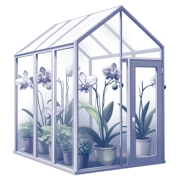 A collection of exotic orchids are displayed in a greenhouse. The orchids feature various unique shapes and sizes, showcasing intricate patterns on their petals. The arrangement is designed to highlight the diversity of the flowers, with some orchids having long, slender stems while others boast wider blooms. The greenhouse is filled with lush greenery, with ferns and other tropical plants surrounding the orchids. Sunlight filters through the glass panels of the greenhouse, casting soft shadows and creating a bright, inviting atmosphere.