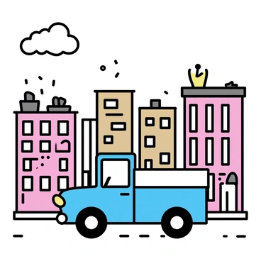 A blue truck driving along a city street, surrounded by tall buildings made of red and brown bricks. The truck has large wheels and an open cargo bed. The cityscape features various brick buildings, some with large windows and fire escapes, while others have rooftop gardens. The sky is clear with a few fluffy clouds scattered above the buildings.