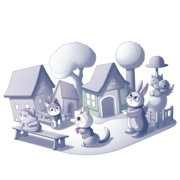 A whimsical village filled with various structures, each uniquely shaped and playful in design. Inhabitants of this village are animal characters styled as anime characters. A cat character with large, expressive eyes sits on a colorful wooden bench, wearing a small scarf and holding a book. Nearby, a rabbit character stands upright, wearing a vest and glasses, conversing animatedly with a bird character perched on a nearby fence. The bird has vibrant feathers and is wearing a tiny hat. Other characters, like a fox and a bear, can be seen interacting with oversized flowers and trees that have exaggerated features, creating a lively atmosphere filled with charm and personality.