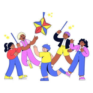 A group of children in colorful clothing are gathered in a backyard. Each child is taking turns swinging a stick at a brightly colored piñata shaped like a star. The piñata is adorned with fringed paper in vibrant shades of yellow, red, and blue. The children display expressions of excitement and anticipation as they wait for their turn. One child is in mid-swing, while others cheer and clap. The scene is filled with sunshine and a sense of joyful energy.