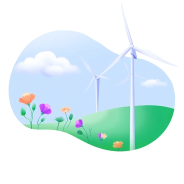 A landscape featuring a series of tall wind turbines with sleek white blades spinning gracefully in the breeze. The turbines stand atop a gently rolling green hill, with a clear blue sky above. Soft, fluffy white clouds drift lazily in the background. In the foreground, a vibrant array of wildflowers in various colors sways gently in the wind, adding a touch of color to the scene. The overall atmosphere conveys a sense of harmony between nature and technology.