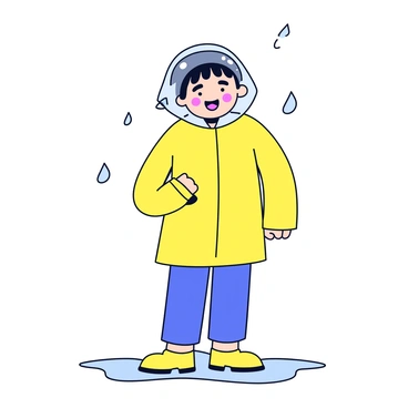 A person standing in the rain, wearing a clear plastic bag pulled over their head as a makeshift rain hat. The bag is cinched around their chin, creating a whimsical appearance. Their expression is playful, with a wide smile, and they are wearing a bright yellow raincoat. Raindrops are visibly splashing around them, and puddles are forming on the ground.