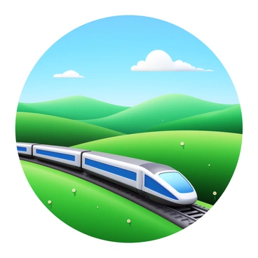 A futuristic train with a sleek, aerodynamic design and shining metallic surface gliding effortlessly through a green countryside. The train emits no smoke, showcasing its zero emissions technology. Lush green fields stretch out on either side, dotted with wildflowers. In the background, gently rolling hills rise under a clear blue sky, while a few fluffy white clouds float by. The scene depicts a harmonious blend of advanced technology and nature.