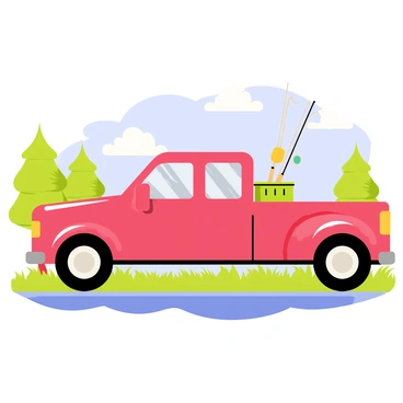 A bright red truck parked on a grassy area near a calm lake. The truck has a shiny exterior with reflective surfaces and large wheels. In the back of the truck, there is an assortment of fishing gear including a green cooler, several fishing rods resting against the side, and a tackle box. The surface of the lake is still, reflecting the blue sky and scattered fluffy white clouds above. Lush green trees frame the scene in the background, enhancing the outdoor atmosphere.