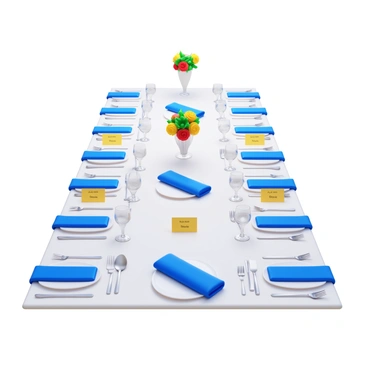 A corporate dining event setup featuring an elegantly arranged long table. Each place setting includes a fine china plate, polished silverware, and a crystal wine glass. There are neatly folded cloth napkins placed on each plate. Name cards are positioned at each place setting, indicating the names of the guests. The table is adorned with a tasteful centerpiece of fresh flowers in a glass vase. Soft lighting illuminates the setting, enhancing the formal atmosphere.