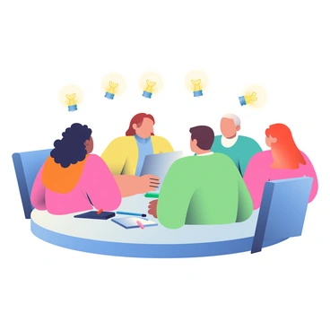A diverse group of five professionals is gathered around a circular table engaged in a brainstorming session. Each individual represents a different ethnicity, including a woman with curly black hair, a man with short brown hair, a woman with straight blonde hair, a man with a bald head, and a woman with long red hair. Above their heads, several lightbulbs are glowing, symbolizing the creative ideas emerging during the discussion. On the table, there are notebooks, pens, and a laptop, suggesting an active exchange of thoughts and solutions. The setting is bright and dynamic, reflecting the energy of the meeting.