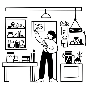 Ayanokoji standing in a cozy art store, surrounded by shelves filled with various art supplies. He is examining a set of paintbrushes, holding one delicately in his hand. There are jars of various pencils, markers, and sketches scattered across a wooden table nearby. The walls are adorned with framed artwork, and a soft light illuminates the space. "Welcome" is displayed on a sign hanging near the entrance.