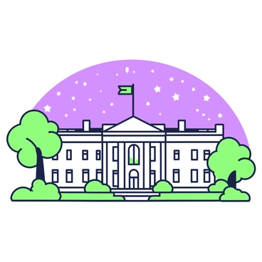 The White House is depicted prominently in the center of the image, with its iconic neoclassical architecture clearly visible. The building is illuminated, showcasing its detailed facade and columns. Above, a starry night sky fills the background, with numerous stars twinkling. The scene is tranquil and inviting, highlighting the grandeur of the White House against the celestial backdrop. The surrounding area includes well-manicured lawns and garden features, enhancing the overall composition.