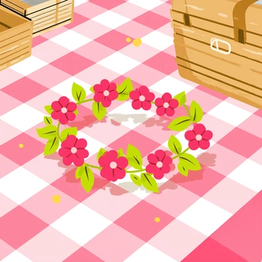 A delicate crown made of vibrant red flowers rests gently on a checkered picnic blanket. The flowers are intricately arranged, showcasing various shades of red and green leaves intertwined. The picnic blanket features a classic red and white check pattern, creating a whimsical backdrop. Sunlight casts soft shadows across the blanket, highlighting the texture of the flowers and the fabric beneath. Small crumbs and a vintage picnic basket can be seen nearby, adding to the casual outdoor setting.