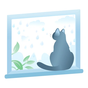 A cat with a sleek fur coat is sitting on a windowsill. The cat is gazing intently outside. Through the window, numerous raindrops are cascading down the glass, creating a blurred effect. The scene is enhanced by the soft glow of light filtering through the clouds, casting a gentle ambiance. The background includes green leaves swaying slightly in the rain and the soft outlines of distant trees.