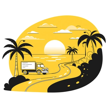 A truck with bright lights is driving along a winding road by the beach. The road is lined with palm trees fluttering in the gentle breeze. The sun is setting on the horizon, casting shadows of the trees and creating a silhouette effect. The ocean waves are softly crashing against the shore, while the sky is filled with darkening clouds transitioning from light to deep shades. The truck's lights illuminate the road ahead, contrasting with the surrounding darkness.