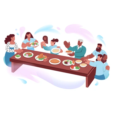 A long wooden table is filled with a variety of colorful dishes, including salads, breads, and fruits. Around the table, a group of diverse individuals of different ethnicities is gathered, each reaching for various foods. There is a woman with curly hair serving a dish to a man with dark skin, who is smiling and holding a plate. A child with braided hair is passing a basket of bread to an elderly person wearing glasses. Different patterns and colors of clothing are visible, reflecting the diversity of the group. Soft gradient pastel colors fill the background, creating a warm and inviting atmosphere.